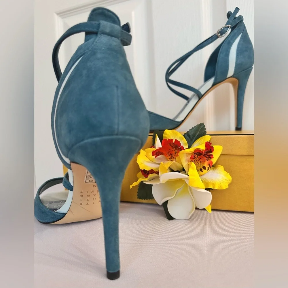 WHBM ~ Teal Cruelty Free Suede 4” Heels w/Crisscross Straps and Snakeskin Design